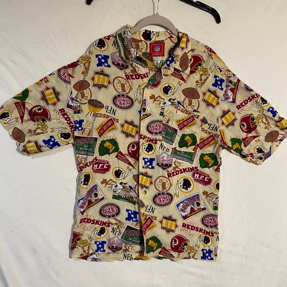 NFL Other - Vintage NFL Washington Redskins AOP Button Up Shirt Mens Large Tan Short Sleeve